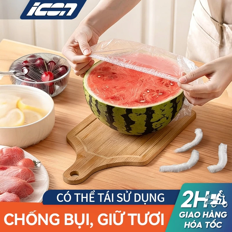 Set 100 túi – Túi màng bọc thực phẩm PE ICON siêu dai có chun co giãn, tái sử dụng nhiều lần, tiện lợi