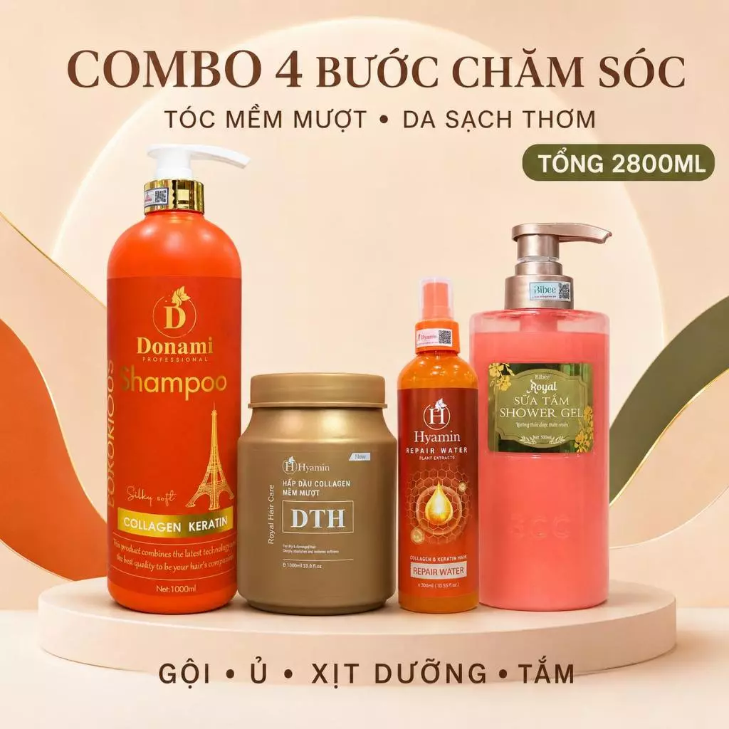 Combo Toàn Diện Dầu Gội Donami 1000ml Ủ Tóc Hyamin Sữa Tắm Bibee và Xịt Dưỡng Hyamin giúp tóc mềm mượt body thơm lâu