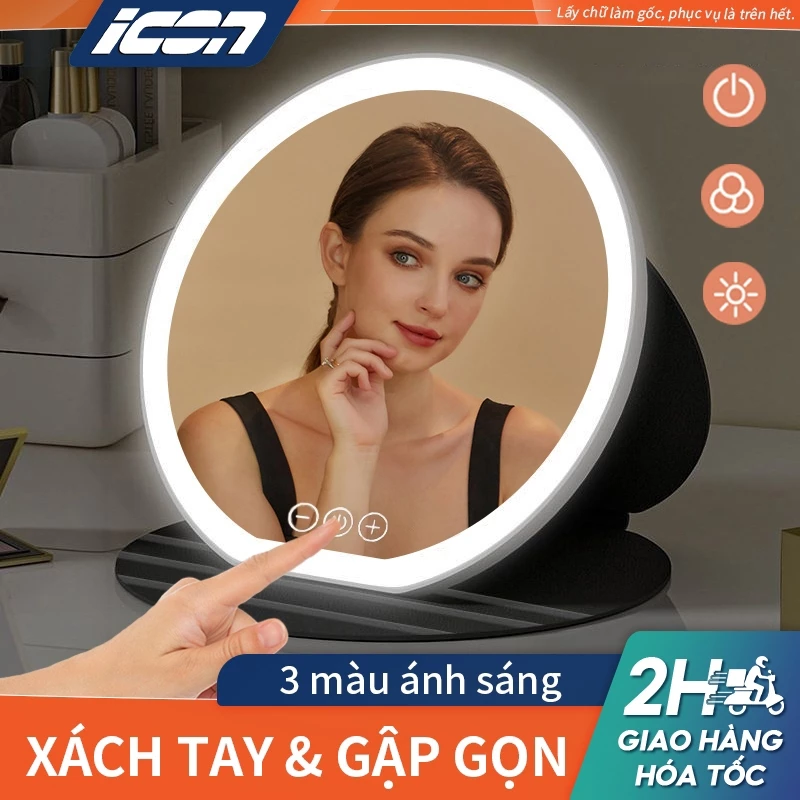 Gương trang điểm LED ICON cảm ứng 3 chế độ sáng - Gương gấp gọn để bàn, pin sạc, dễ mang đi du lịch