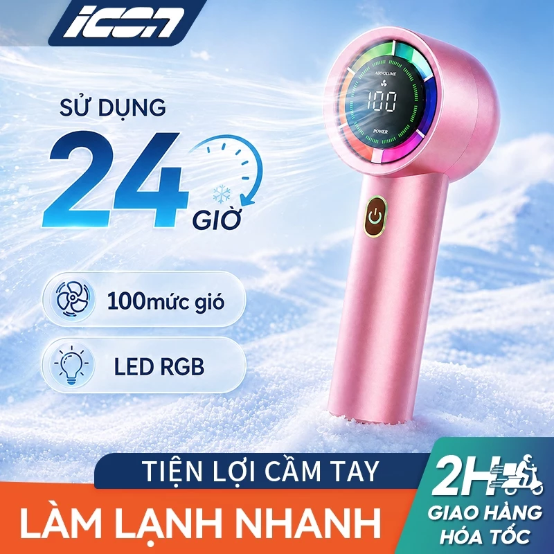 Quạt cầm tay ICON 100 mức gió, làm mát nhanh, pin dùng 24 giờ, đèn LED RGB, tiện lợi mang đi