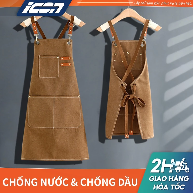 Tạp dề pha chế chống nước/dầu ICON - Túi rộng, dây đeo chỉnh - Dành cho quán cafe, tạp dề nấu ăn