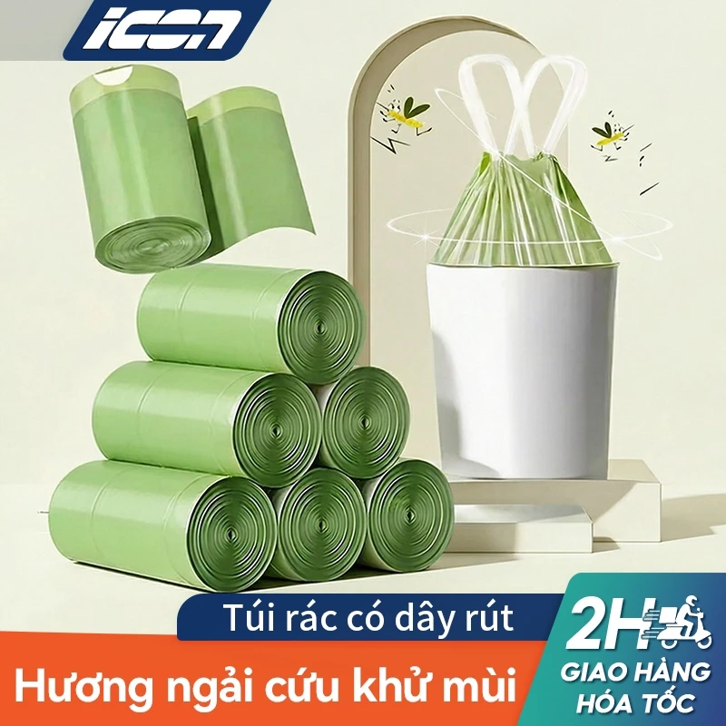 Túi rác dây rút hương ngải cứu ICON, đuổi muỗi hiệu quả, kích thước 45x45 cm, siêu dày và bền, có quai xách