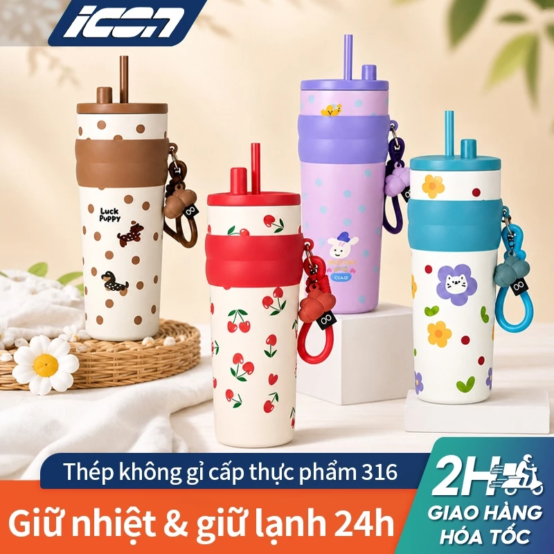 ICON Ly giữ nhiệt phủ sứ 316L: Giữ nhiệt 24h, dung tích lớn 710ml, kèm ống hút + nút chặn bụi, tặng charm