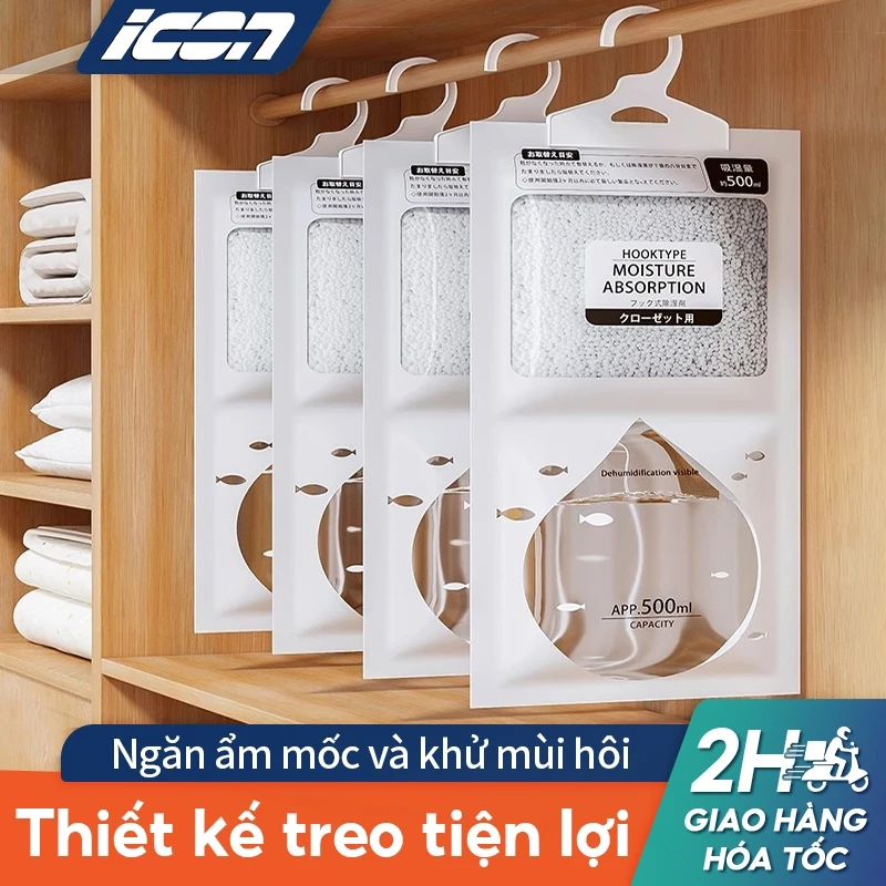Túi Hút Ẩm & Khử Mùi ICON 500ml – Thiết kế 2 Ngăn, Móc Treo Tiện Lợi, Chống Ẩm Mốc Cho Tủ Quần Áo & Không Gian Nhà