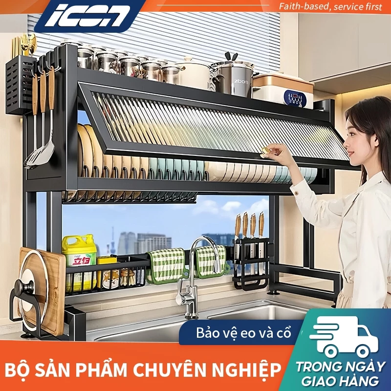 【Chuyên Dùng Trên Bồn Rửa】Kệ Để Chén Bát ICON 2 Tầng Thép Carbon - Có Nắp Chống Bụi, Chất Liệu Cao Cấp, Bảo Hành 12Tháng