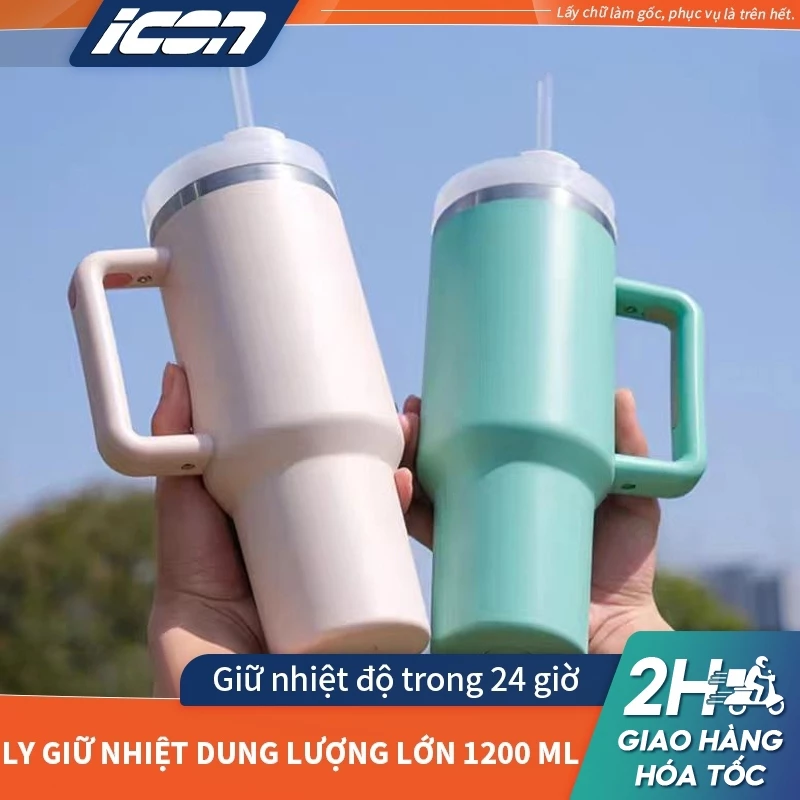 ICON Ly giữ nhiệt nóng lạnh, cốc xe hơi, bằng thép không gỉ 304, có ống hút, tay cầm và quai xách
