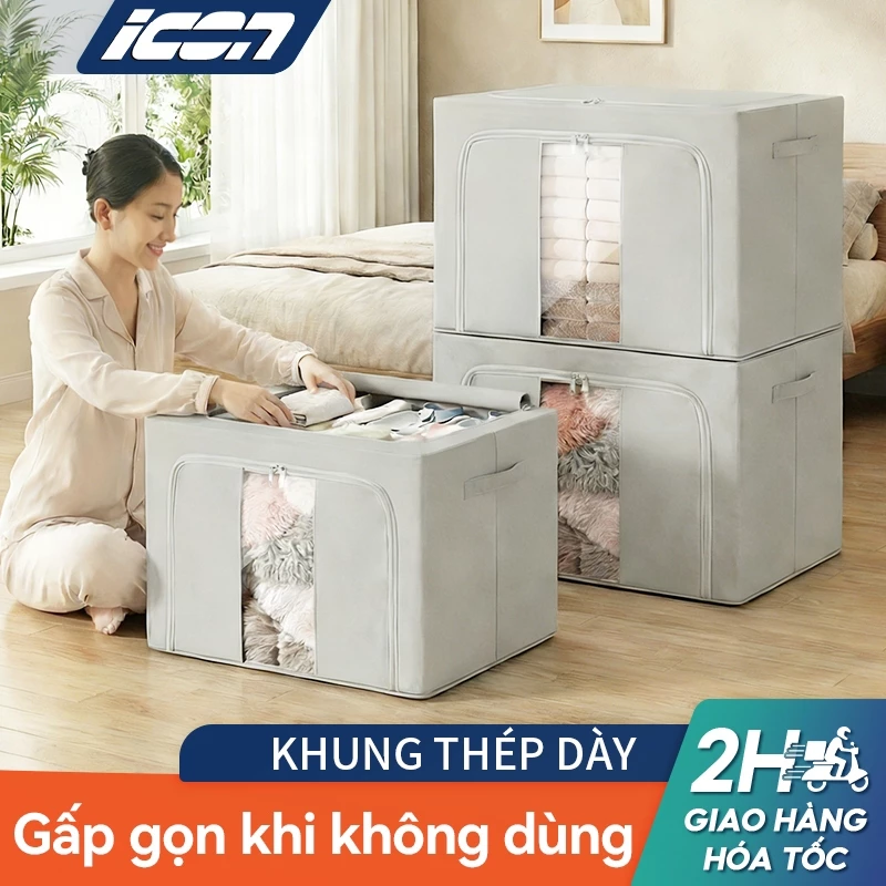 ICON Hộp Đựng Quần Áo Khung Thép Cao Cấp - Gấp Gọn Chống Ẩm, Túi Đựng Chăn Màn Cỡ Lớn Đa Năng Dễ Lấy Đồ