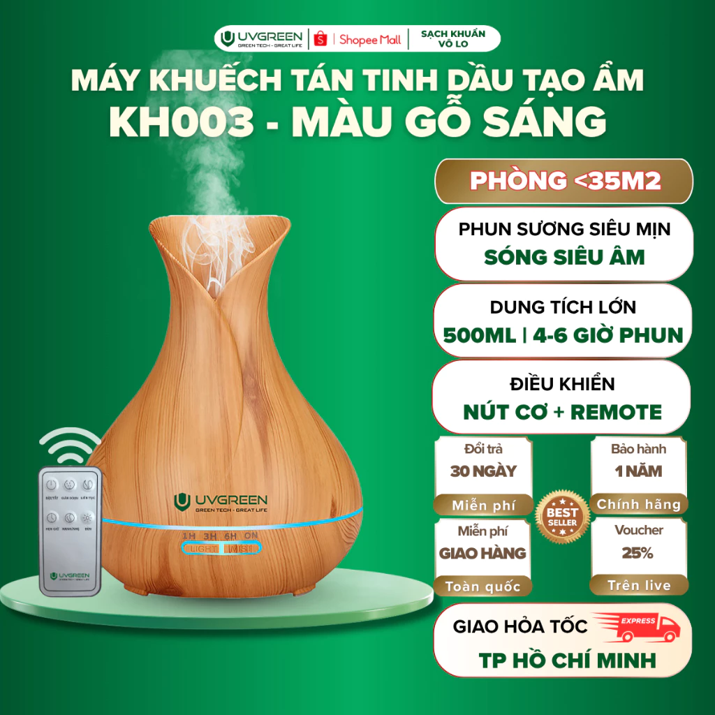 Máy Khuếch Tán Tinh Dầu & Tạo Ẩm UVGREEN KH003 500ml, Sóng Siêu Âm Sương Siêu Mịn, Hết Nước Tự Ngắt