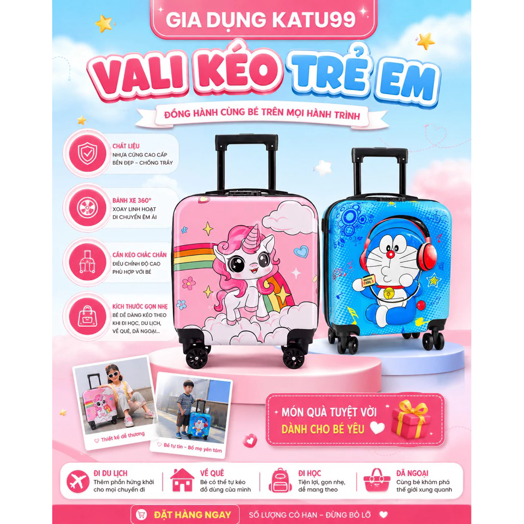 Vali trẻ em hình hoạt hình dễ thương in 2 mặt ( hàng loại 1)