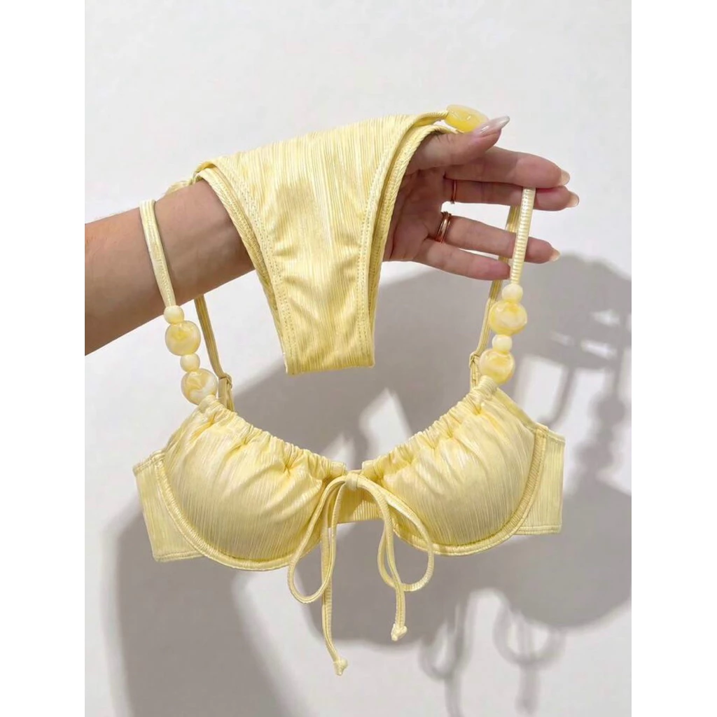[Order]Set Bikini 2 Mảnh Màu Vàng Pastel Chất Ánh Kim Lấp Lánh Phối Hạt Bản To.