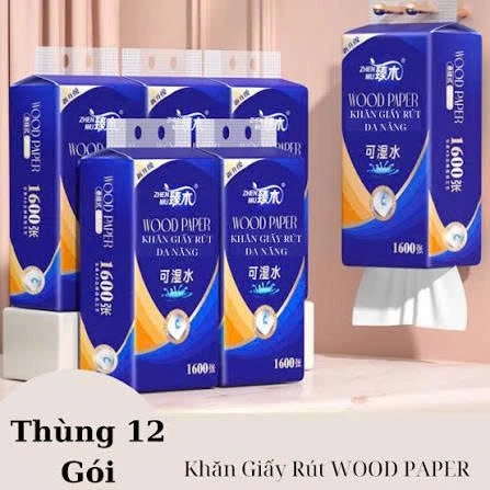Thùng 12 Bịch Giấy Rút Treo Tường Đa Năng WOOD PAPER 1600 Tờ/ 4 Lớp Nội Địa Trung