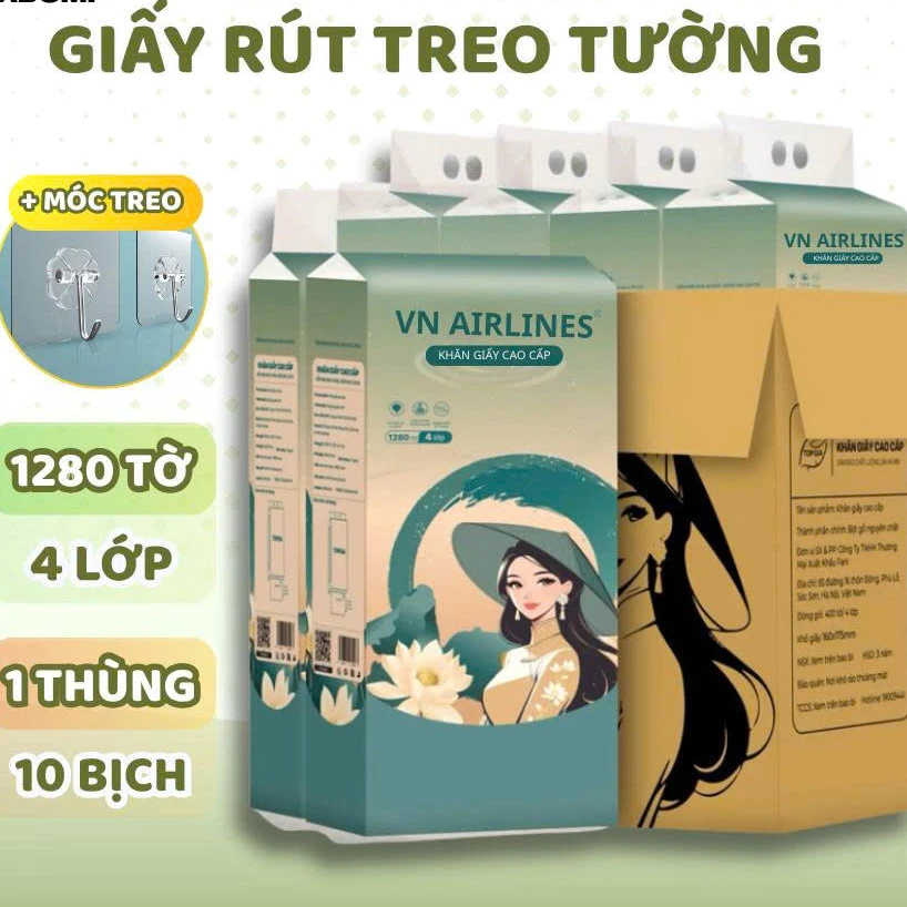 Thùng 10 Bịch Khăn Giấy Rút Treo Tường VN AIR 1280 Tờ 4 Lớp Bột Gỗ Nguyên Sinh, Giấy Mềm Dai