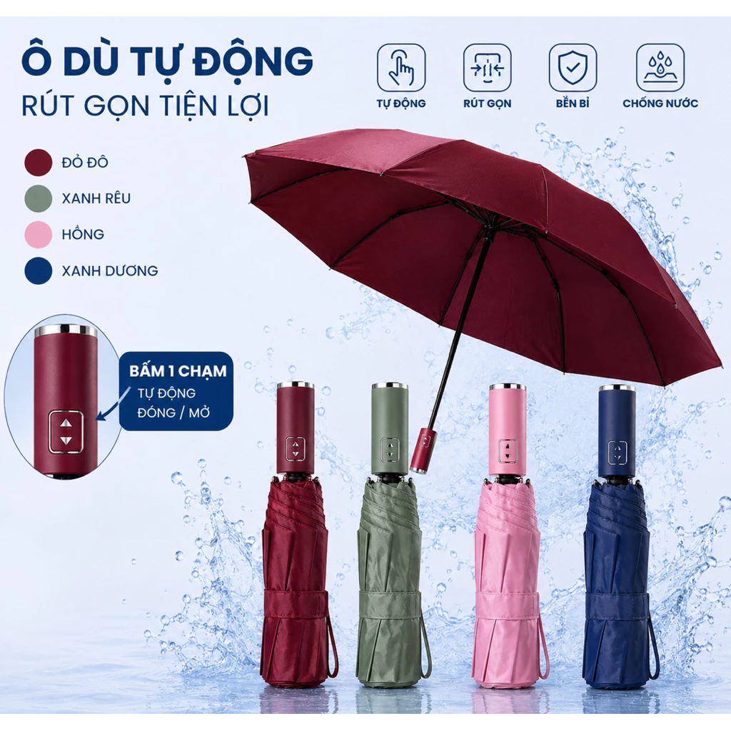Ô Dù Gấp Tự Động Hàng CAO CẤP. chống thấm nước mưa tuyệt đối, đủ màu sắc, chống tia UV, gọn nhẹ