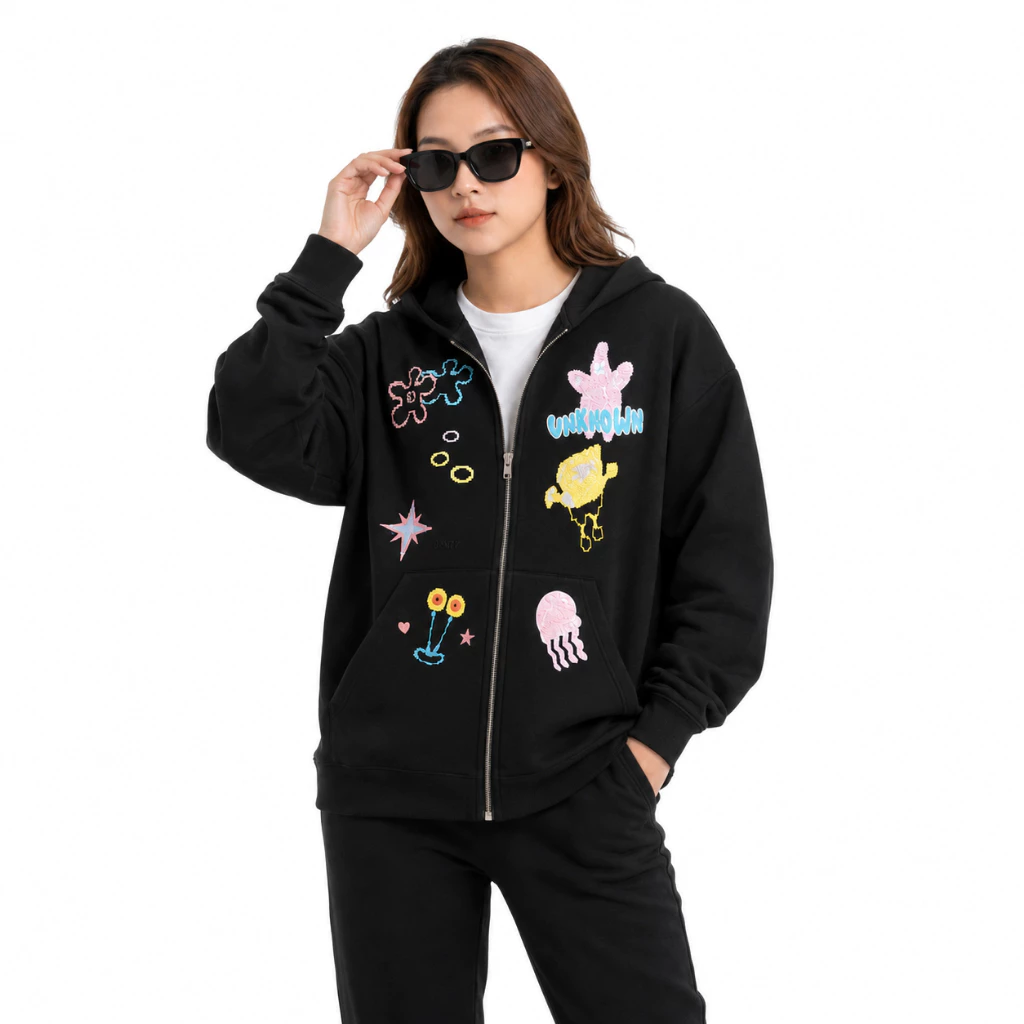 Áo Khoác Hoodie Zip Nữ Unknow Tay Phồng Nón Rộng 2 Lớp Vải Nỉ Chính Dày Dặn Chống Nắng - FAGU