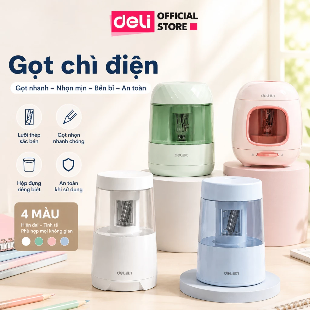 Gọt Chì Điện Deli 3 Chế Độ Tự Động Máy Chuốt Bút Chì Nhanh, Phù Hợp Cho Học Sinh Văn Phòng
