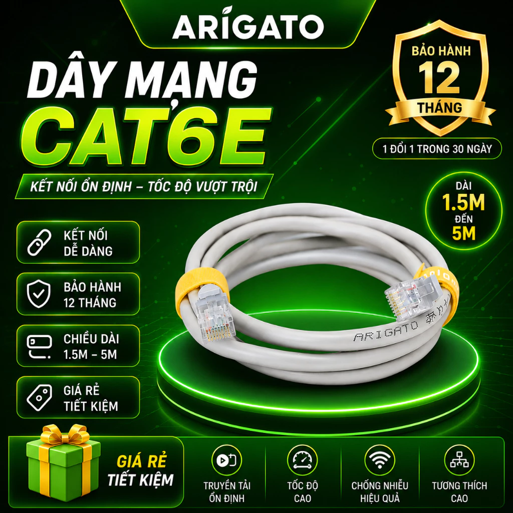 Dây Mạng CAT6E Arigato Cáp LAN Internet Tốc Độ Cao Kết Nối Laptop PC Router Camera Mạng Ổn Định