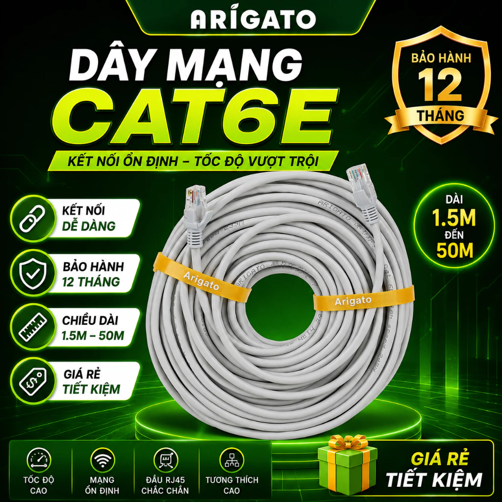Dây Mạng CAT6E Arigato 10M 15M 20M Cáp LAN RJ45 Tốc Độ Cao Kết Nối Laptop PC Router Camera