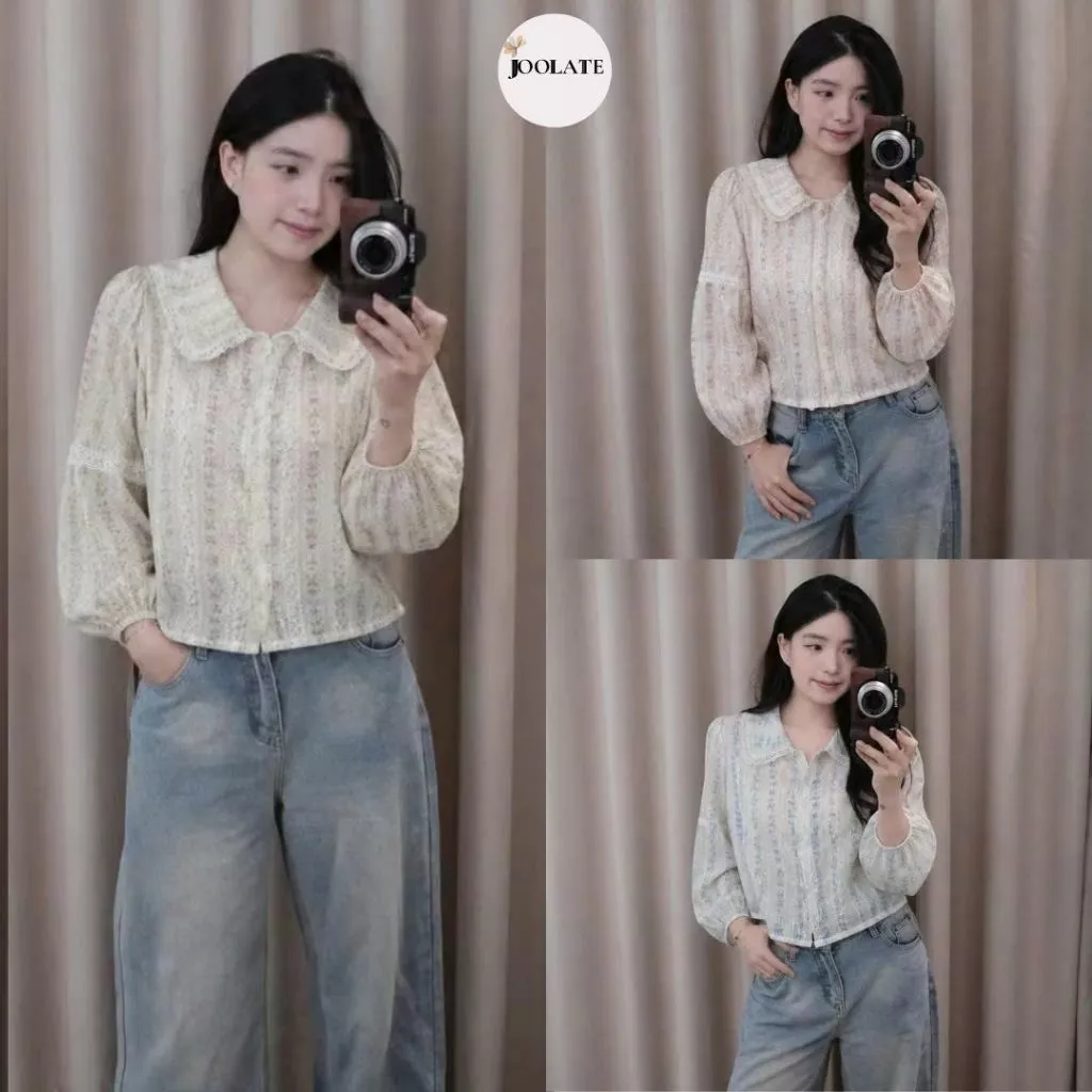 Áo Sơ Mi Nữ Tay Bồng Chất Thô Boi Hoa Dáng Croptop Viền Ren Vintage Thanh Lịch Joolate 1620