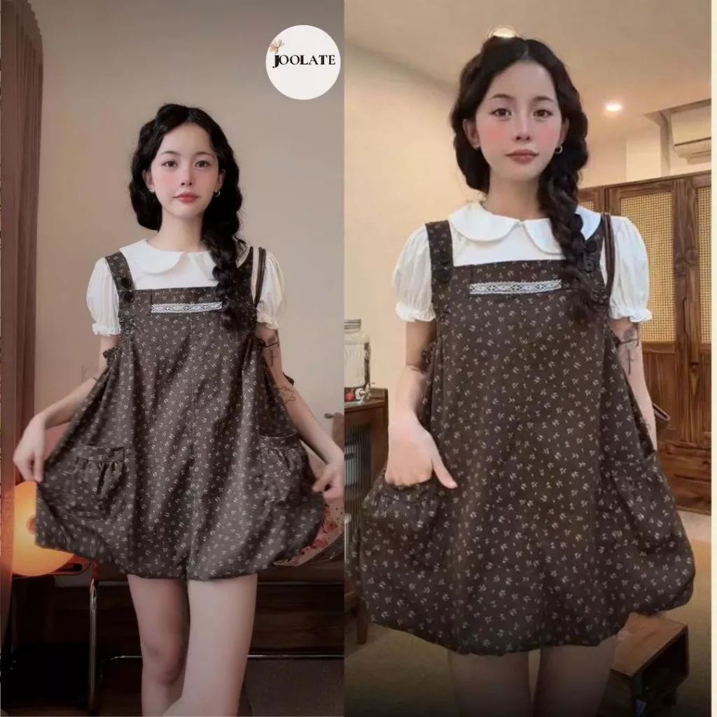 Set Yếm Váy Nữ Hoa Nhí Vintage Kaki Mềm Bubble Dress Phối Áo Cổ Sen Tiểu Thư Hàn Quốc Dáng Xòe Phồng Joolate 2060