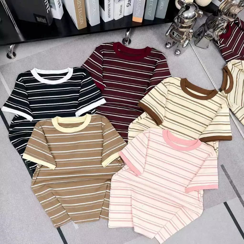 Combo 2 Áo Babytee Cổ Tròn Kẻ Sọc Đôi  – Vải Cotton Bozip Mềm Mịn Co Giãn 4 Chiều, Thoáng Mát Mùa Hè