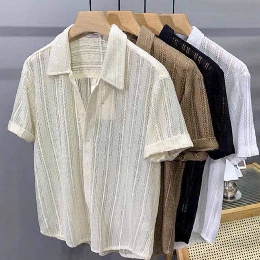 Áo Sơ Mi Lưới Nam Tay Ngắn Form Rộng – Thoáng Mát Phong Cách Hàn Quốc