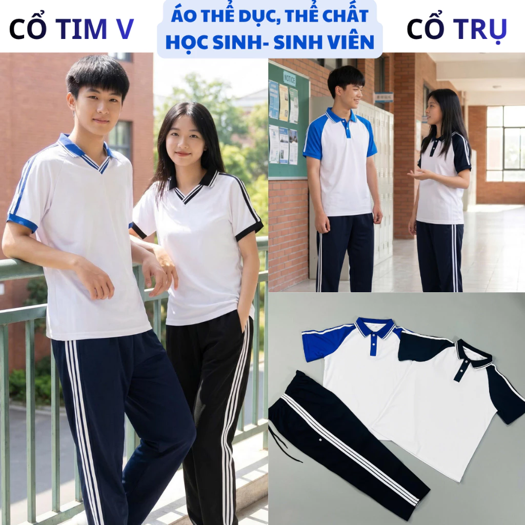Áo Thể Dục Đồng Phục Học Sinh Cấp 1, Cấp 2, Cấp 3 Cổ Trụ, Cổ V Chuẩn Mẫu Nhà Trường Chất Vải Thông Hơi, Co Giãn