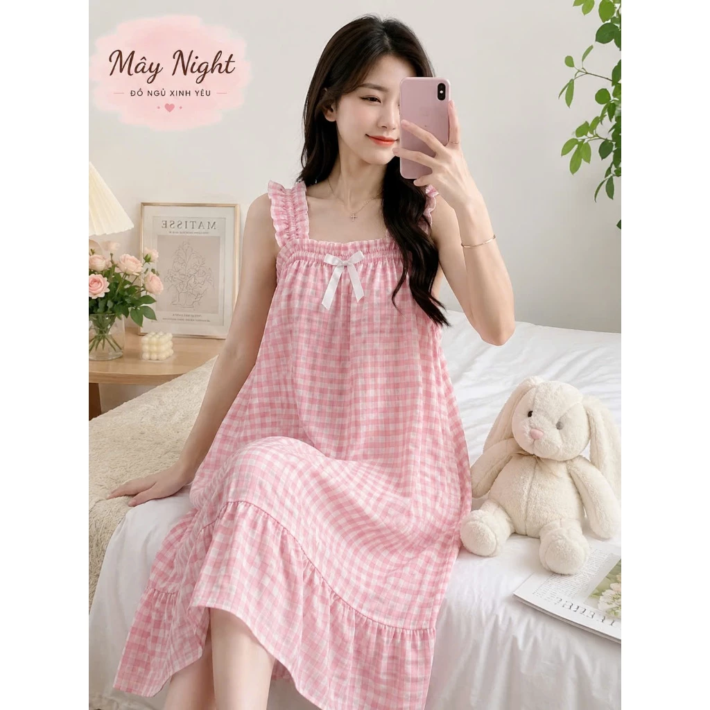 Váy Ngủ Hai Dây Cotton Mây Cao Cấp Kèm Nơ Ngực - Đầm Mặc Nhà Nữ Dáng Suông Rộng Thoải Mái Phong Cách Hàn Quốc.