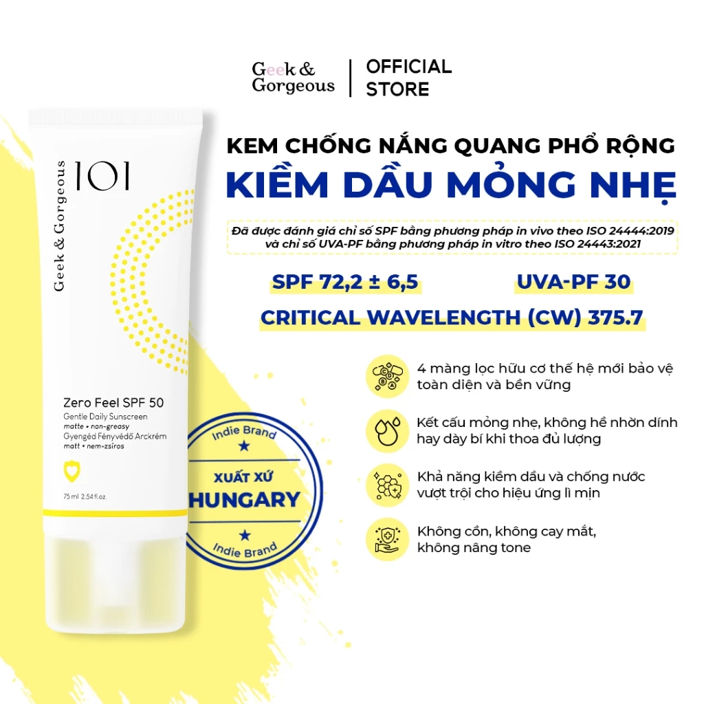 Kem chống nắng quang phổ rộng, kiềm dầu mỏng nhẹ Geek&Gorgeous Zero Feel SPF 50 PA++++ 75ml