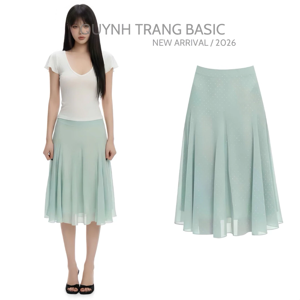 Chân Váy Midi Nữ Voan Chấm Bi Dáng Xòe Xanh Pastel QuynhTrangBasic