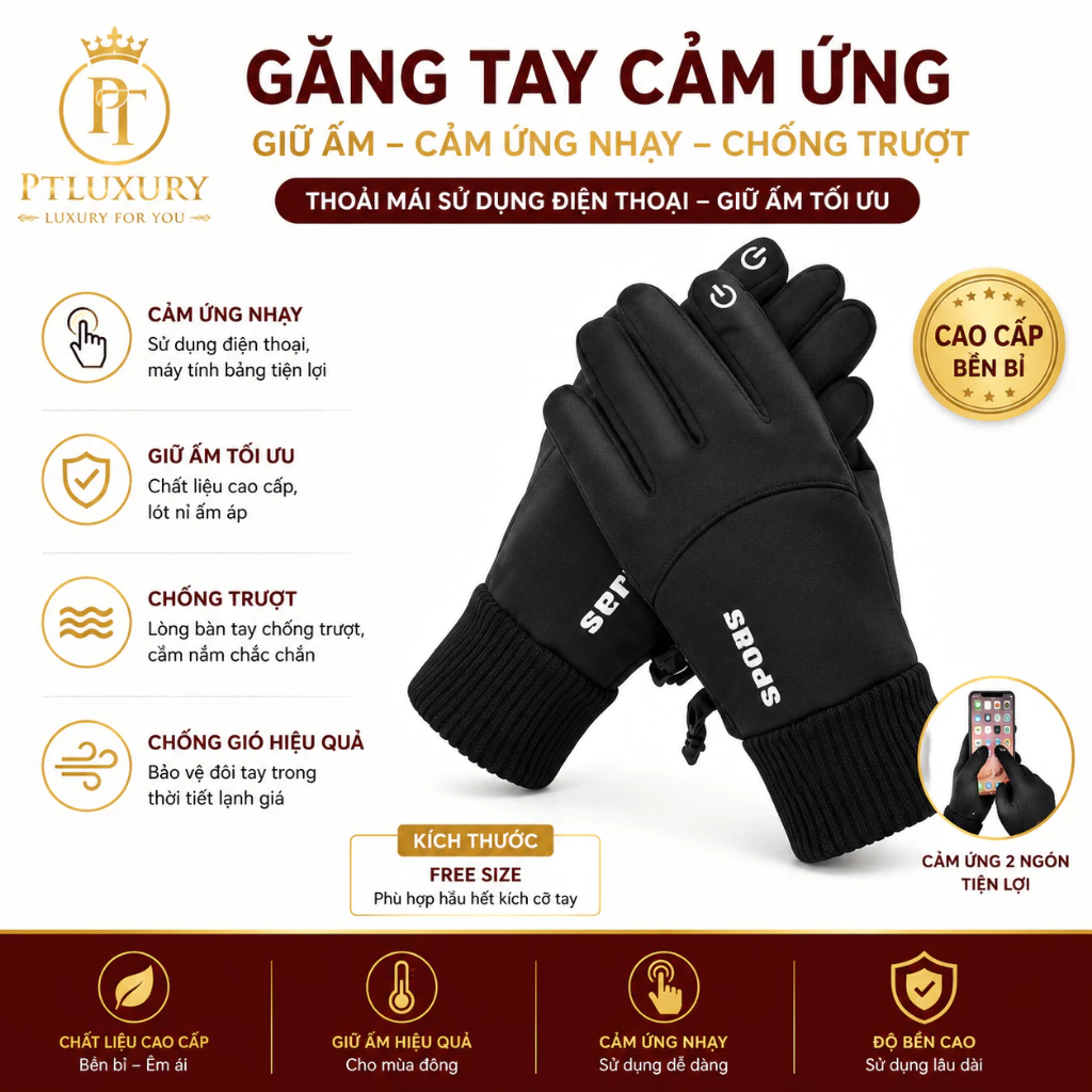 Găng Tay Mùa Đông Đi Xe Cảm Ứng Điện Thoại Chống Nước Giữ Nhiệt Tốt