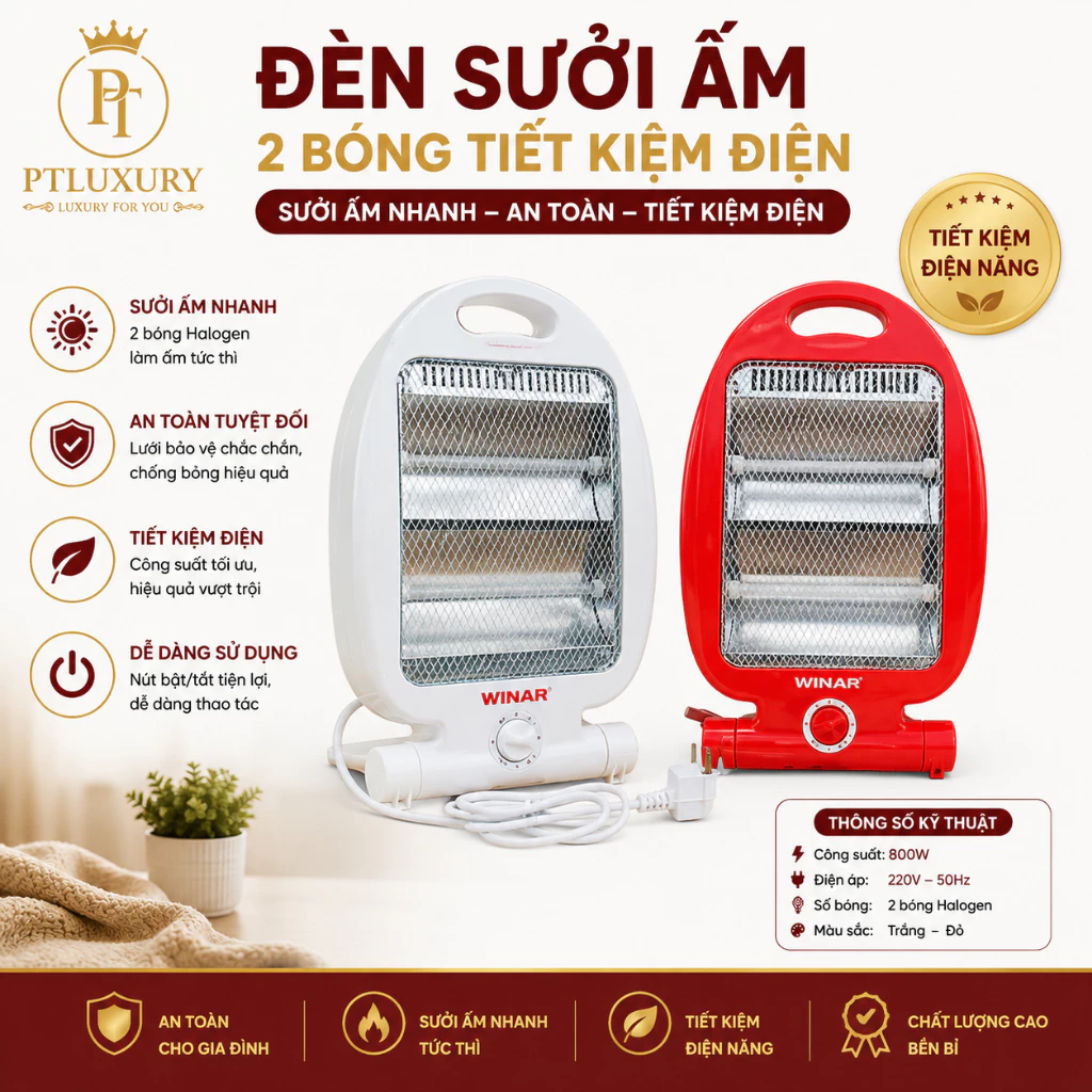 [ Hàng Chính Hãng ] Đèn sưởi PTLUXURY 2 có tấm lưới cách nhiệt an toàn, cực bền, tốc độ làm ấm nhanh, tỏa nhiệt đều