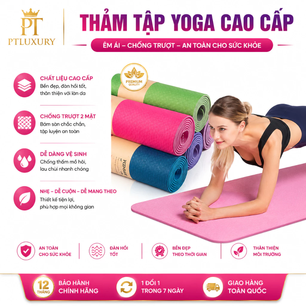 [ Hỏa Tốc ] Thảm Tập yoga PTLUXURY chống trượt 2 lớp dày chất liệu cao su non TPE cao cấp