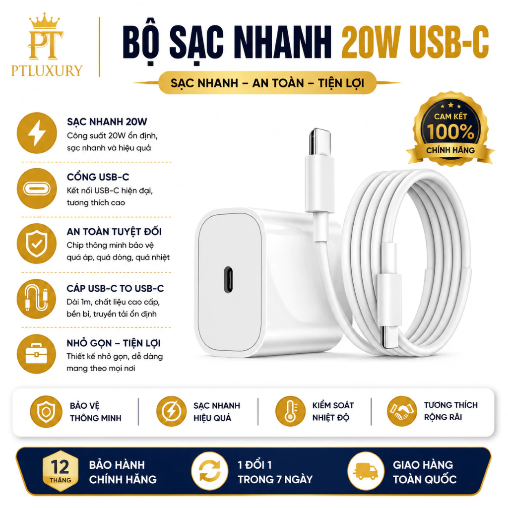 Bộ Sạc Nhanh 20W PTLUXURY Cao Cấp An Toàn Ổn Định Bảo Vệ Thiết Bị Không Nóng