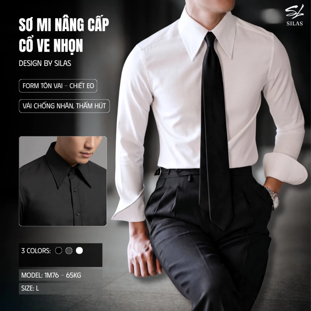(Bản Nâng Cấp- Ve Nhọn, Tôn Vai) Áo Sơ Mi SILAS Arnoldd Cổ Bẻ Ve Nhọn Cotton Chéo Chiết Eo- ASLR06