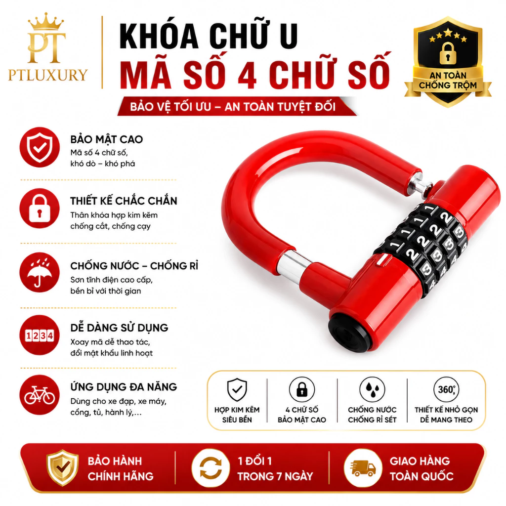 Ổ khoá PTLUXURY 4 số chữ U loại  bảo mật cao có thể thay đổi mật mã [ HÀNG TỐT ]