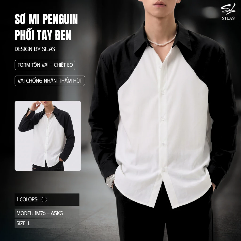 (Form Tôn Vai )Áo Sơ Mi Trơn Penguin SILAS Tay Dài Phối Tay Đen Cotton Chéo Menswear Form Rộng Cổ Bẻ - ASLC16