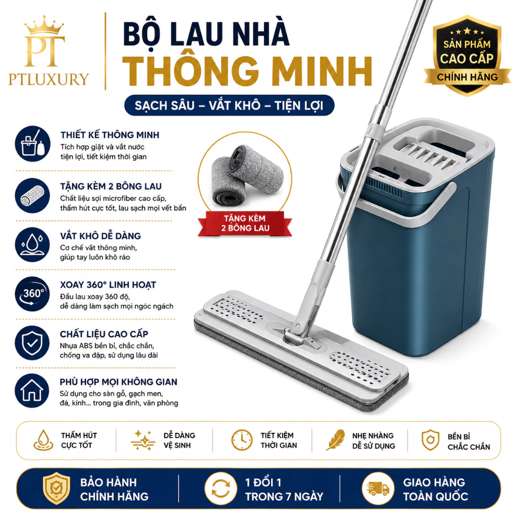 Bộ Chổi Lau Nhà Tự Vắt 360 Độ Thông Minh Cao Cấp Tặng 2 Bông Lau - PTLUXURY