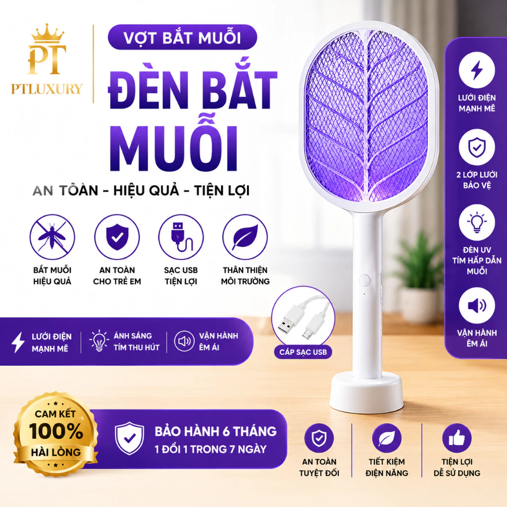 Vợt muỗi PTLUXURY thông minh kiêm đèn bắt muỗi 2 trong 1 sản phẩm tự động sạc và tích điện