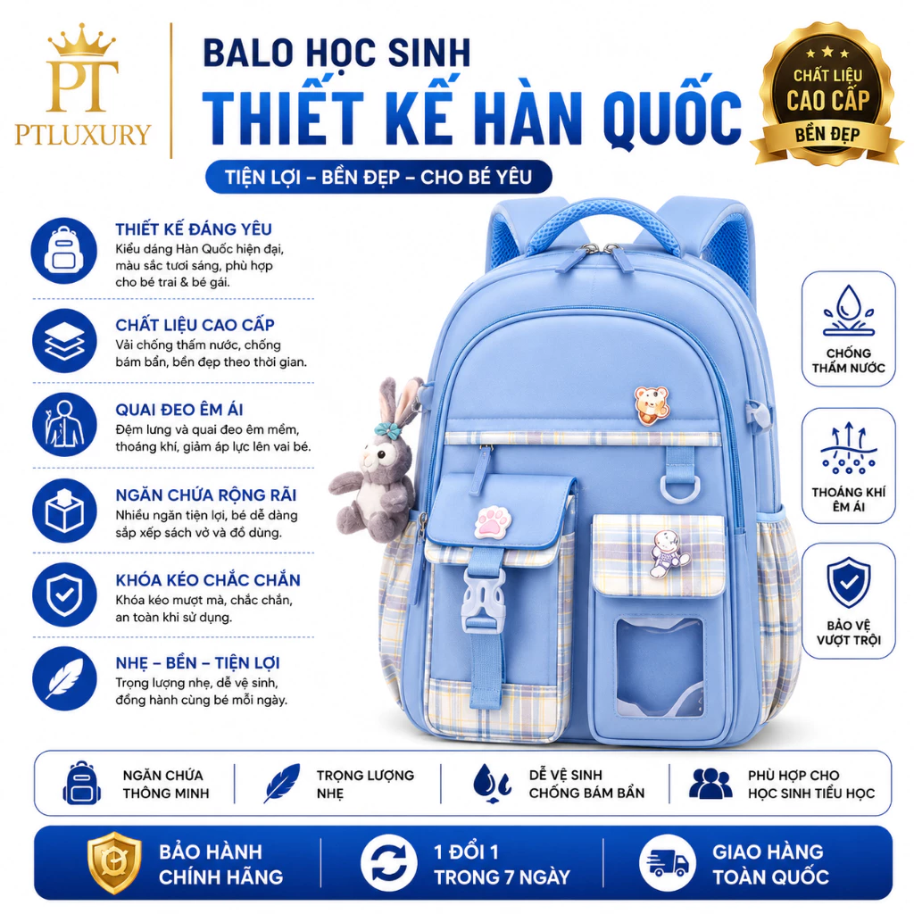 Balo chống gù PTLUXURY chất liệu vải oxford cao cấp kích thước lớn cho bé trai và bé gái