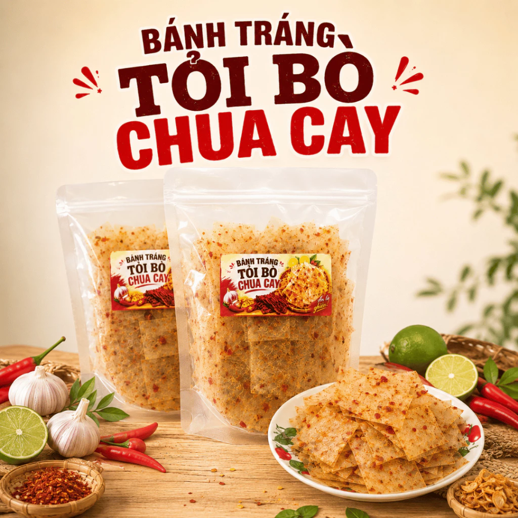 Bánh Tráng Tỏi Bò Chua Cay Đậm Vị - Ăn Vặt Siêu Cuốn (Túi 100g/200g/500g)
