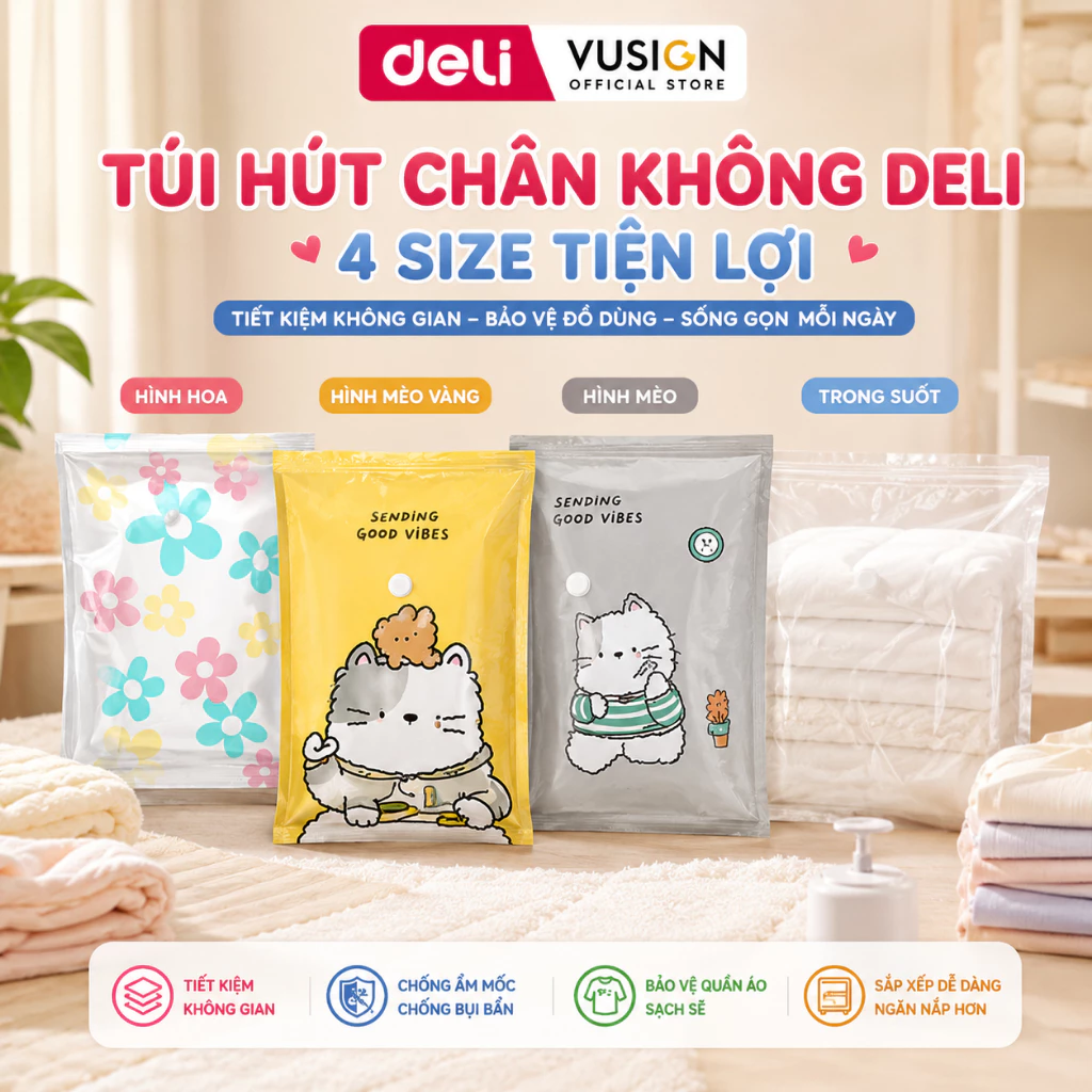 [HỎA TỐC] Túi hút chân không đựng quần áo du lịch, chăn màn Deli tránh ẩm mốc siêu dai dày gấp đôi sử dụng nhiều lần
