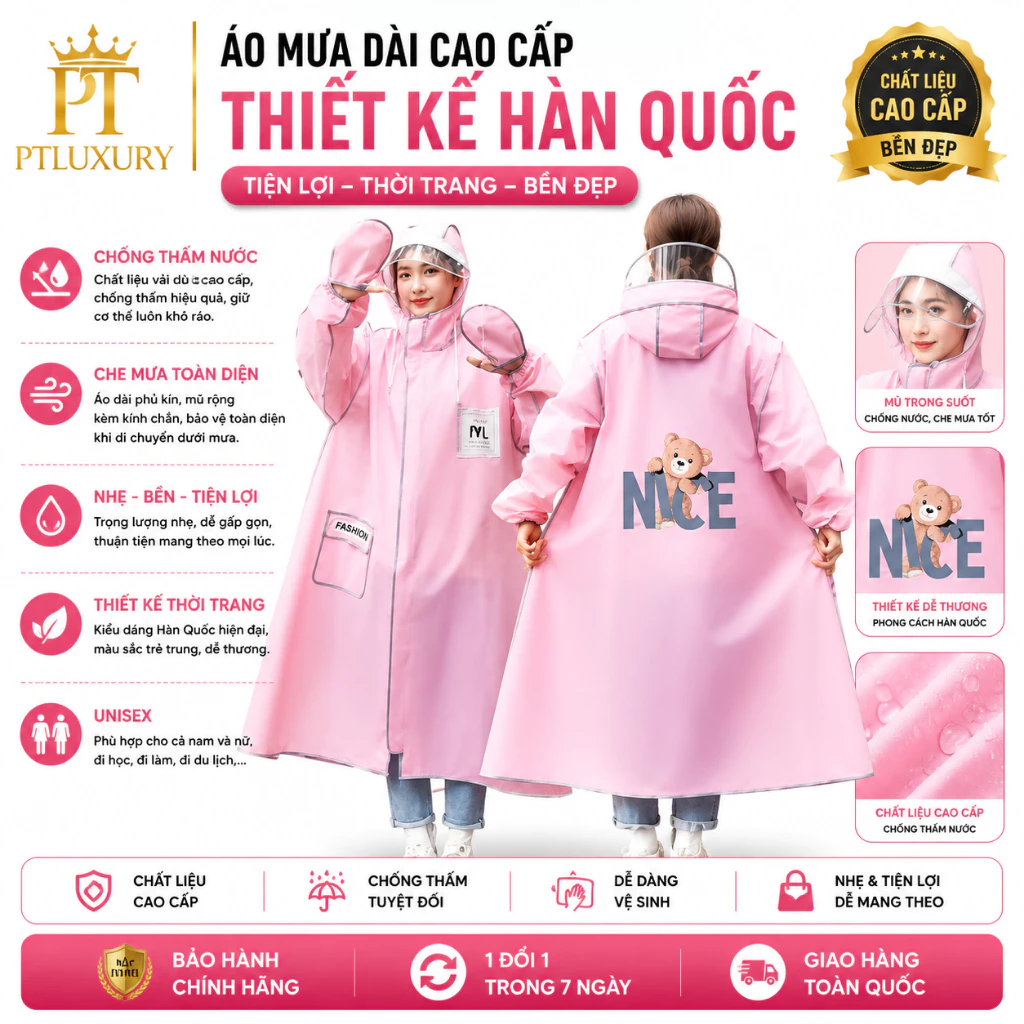 Áo mưa 1 người thời trang in hình gấu có khoá kéo kèm cúc cài chống thấm tuyệt đối
