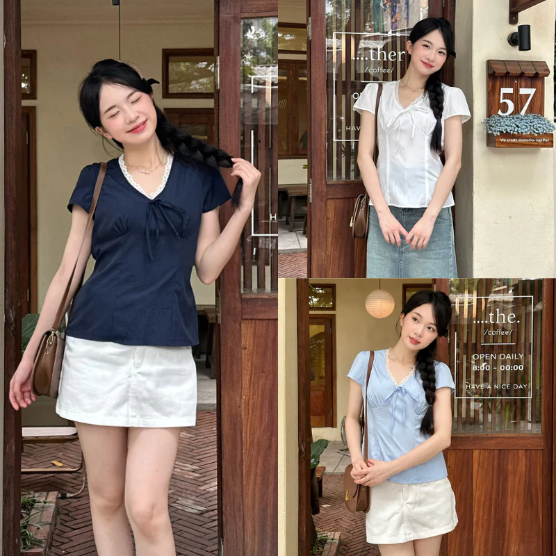 Áo Cổ Tim Nữ Phối Ren Thắt Nơ Ngực Dây Buộc Sau Lưng Siêu Xinh MS151