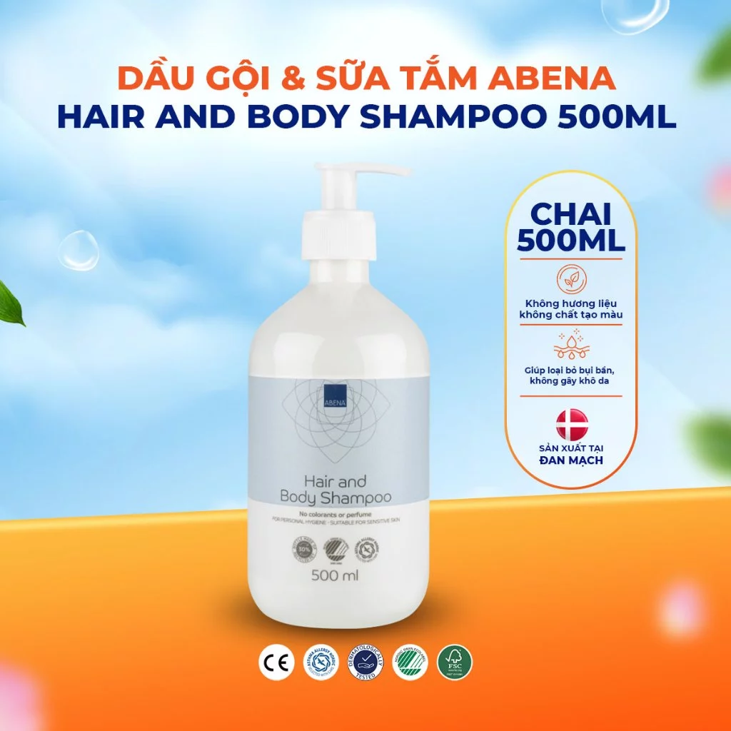 Dầu Gội & Sữa Tắm ABENA Hair and Body Shampoo 500ml - Không Màu, Không Mùi - An Toàn Cho Làn Da Nhạy Cảm