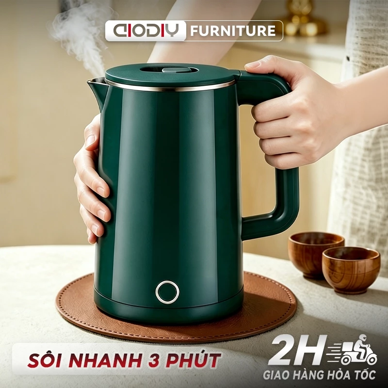 AIODIY Ấm đun siêu tốc 2L-2.5L - Đun nhanh công suất lớn, tự động ngắt khi sôi, vỏ ngoài cách nhiệt 2 lớp