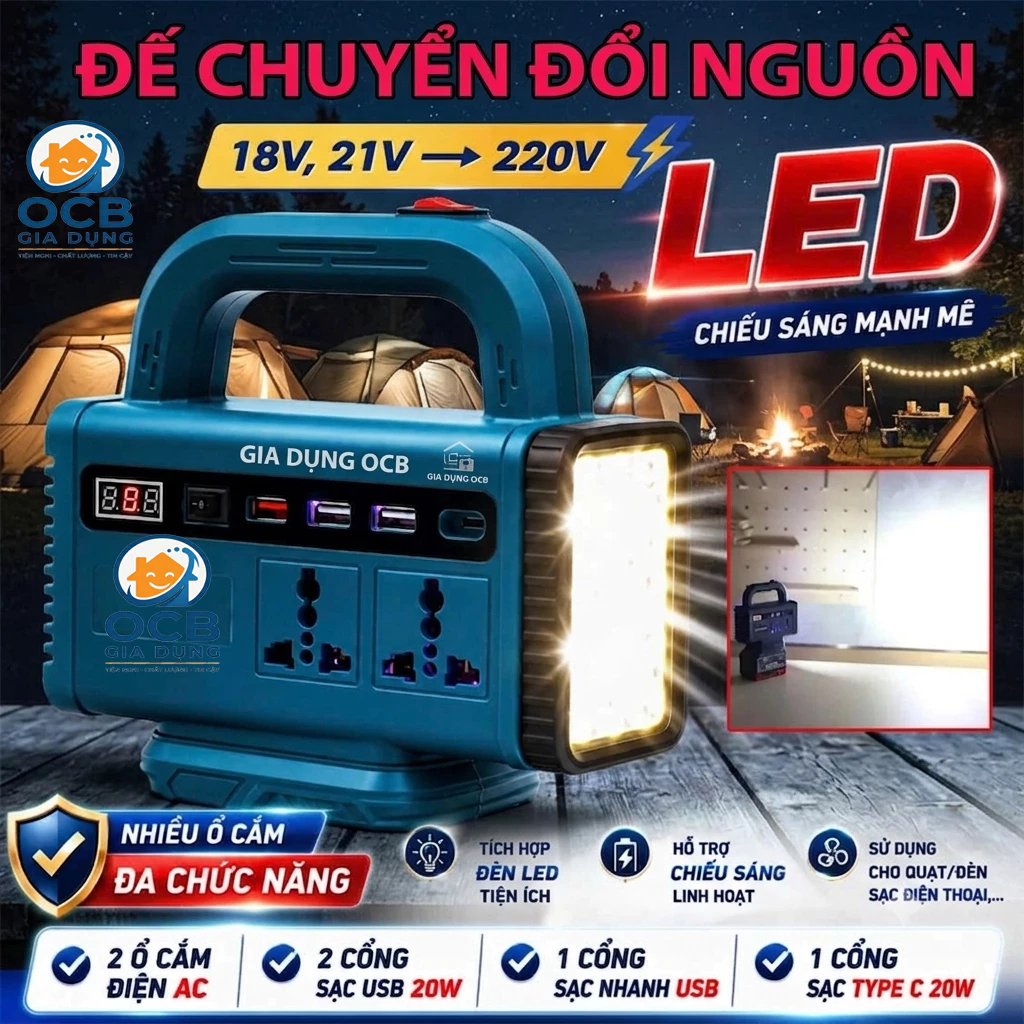 [DEAL MỞ BÁN] Bộ đế chuyển đổi nguồn 18-21V lên điện 220V,Chân Phổ Thông 4cm,Sạc nhanh điện áp 250W