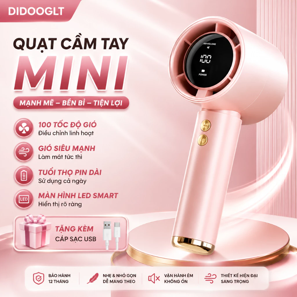 Quạt Cầm Tay Tích Điện DIDOOGLT Pin 10000mAh Gió Mạnh Màn Hình LED Sạc USB