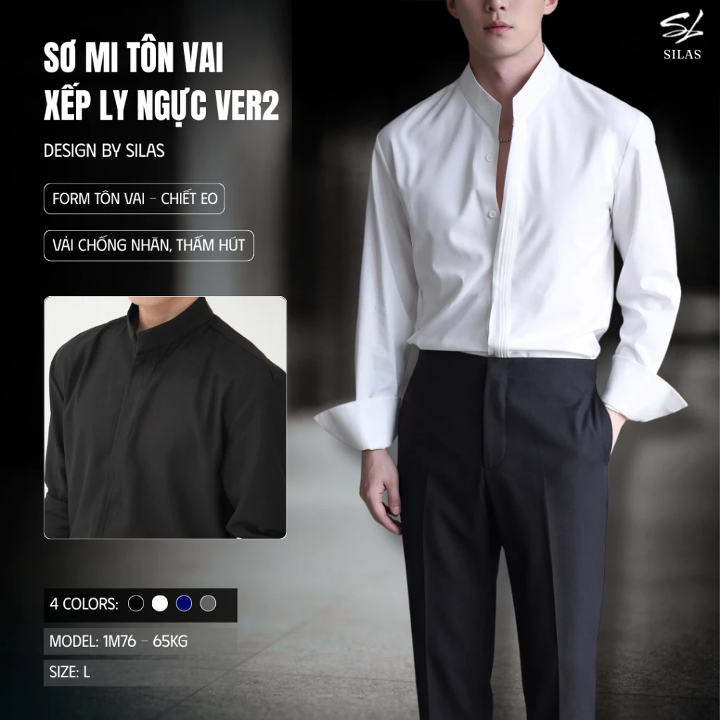 (Form Tôn Vai) Áo Sơ Mi SILAS Xếp Ly Ngực Cổ Trụ Ver2 Cotton Chéo Form Rộng Chiết Eo Cổ Tàu - ASL30