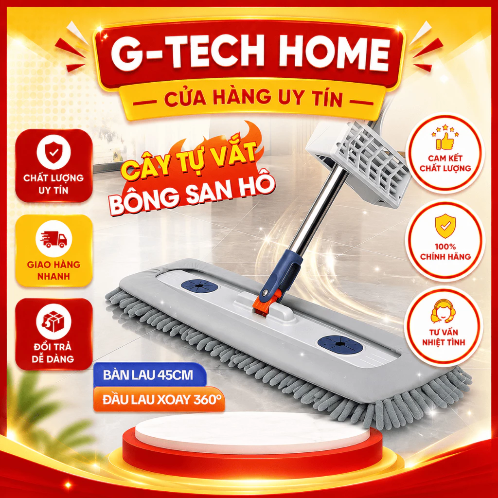 (Top Bán Chạy) Cây Lau Nhà Tự Vắt G-TECH HOME  Sợi Microfiber Siêu Thấm Hút, Chổi Lau Nhà Tự Vắt Thông Minh BH-12TH