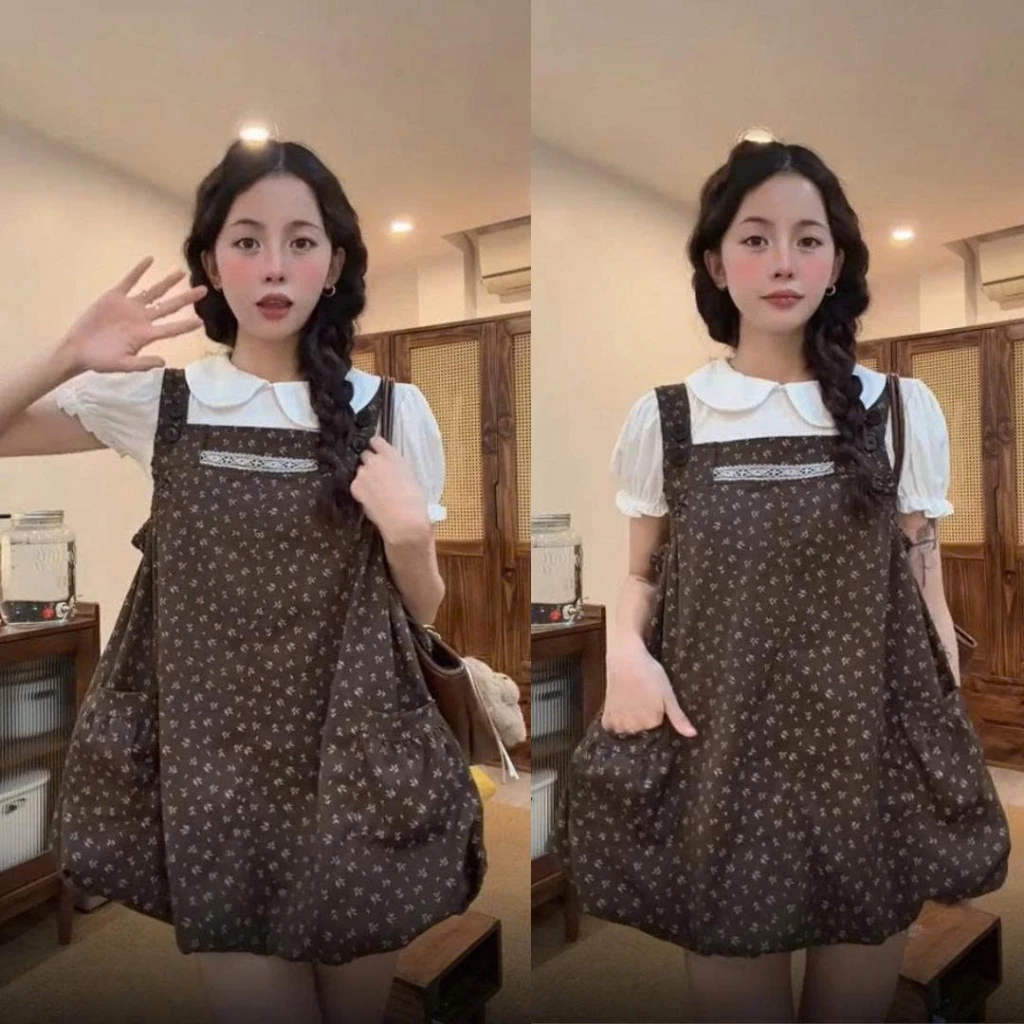 Yếm Bí Dáng Phồng Nữ Chất Kaki Mềm Hoa Nhí Vintage Floral, Váy Yếm Bubble Dress Phối Áo Thun Cổ Sen Tiểu Thư 247Store
